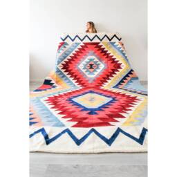 Handwoven Rug, Colourful Bright Colors Living Room Kilim, Area Rug, Kilim Burgundy Handcrafted Kiliim, Boho Rug - thumbnail 1