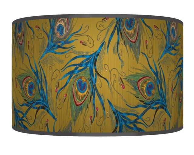 Peacock Feather Lampshade - Mustard Yellow Blue Drum Pendant Light Handmade Ceiling Shade For Boho Or Glam Home Decor - image 1