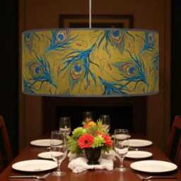 Peacock Feather Lampshade - Mustard Yellow Blue Drum Pendant Light Handmade Ceiling Shade For Boho Or Glam Home Decor - thumbnail 2