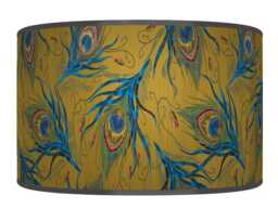Peacock Feather Lampshade - Mustard Yellow Blue Drum Pendant Light Handmade Ceiling Shade For Boho Or Glam Home Decor - thumbnail 1