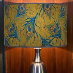 Peacock Feather Lampshade - Mustard Yellow Blue Drum Pendant Light Handmade Ceiling Shade For Boho Or Glam Home Decor - thumbnail 3