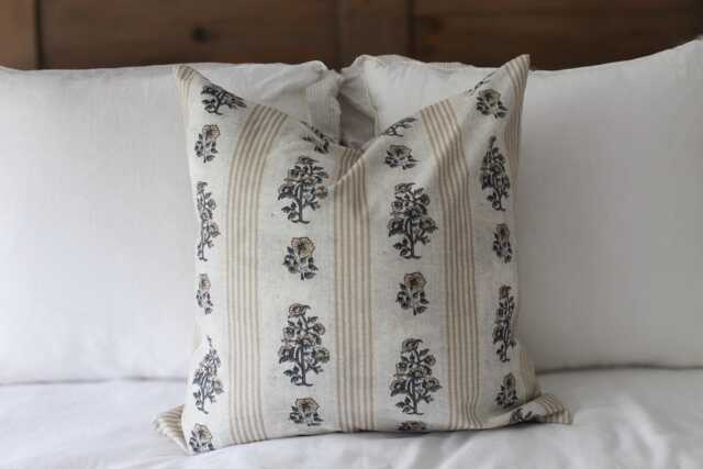 Floral Print Cotton Cushion With Duck Feather Insert, Neutral Leaf Farmhouse Cushion, Country 45 X 45cm, Grey Stripe Throw Pillow - image 1