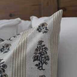 Floral Print Cotton Cushion With Duck Feather Insert, Neutral Leaf Farmhouse Cushion, Country 45 X 45cm, Grey Stripe Throw Pillow - thumbnail 3