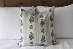 Floral Print Cotton Cushion With Duck Feather Insert, Neutral Leaf Farmhouse Cushion, Country 45 X 45cm, Grey Stripe Throw Pillow - thumbnail 1