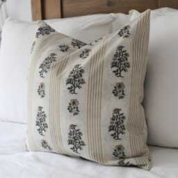 Floral Print Cotton Cushion With Duck Feather Insert, Neutral Leaf Farmhouse Cushion, Country 45 X 45cm, Grey Stripe Throw Pillow - thumbnail 2