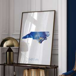 North Carolina Map Blue & Gold Wall Art Print - Us State United States Of America Usa - thumbnail 1