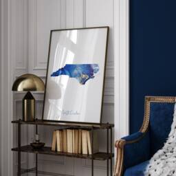 North Carolina Map Blue & Gold Wall Art Print - Us State United States Of America Usa - thumbnail 2