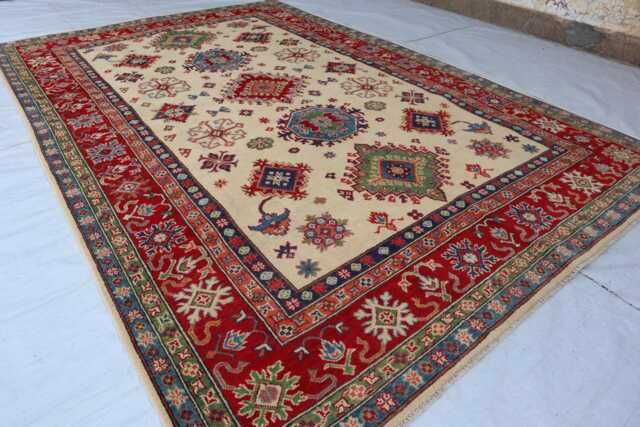 7x10 Creamy Color Ekash Afghan Luxury Area Rug, Kazak Hand Knotted Rug - Medallion Geometric Home D??cor - image 1