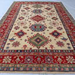 7x10 Creamy Color Ekash Afghan Luxury Area Rug, Kazak Hand Knotted Rug - Medallion Geometric Home D??cor - thumbnail 2