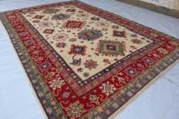 7x10 Creamy Color Ekash Afghan Luxury Area Rug, Kazak Hand Knotted Rug - Medallion Geometric Home D??cor - thumbnail 1
