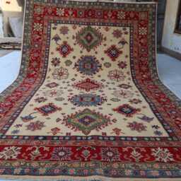 7x10 Creamy Color Ekash Afghan Luxury Area Rug, Kazak Hand Knotted Rug - Medallion Geometric Home D??cor - thumbnail 4