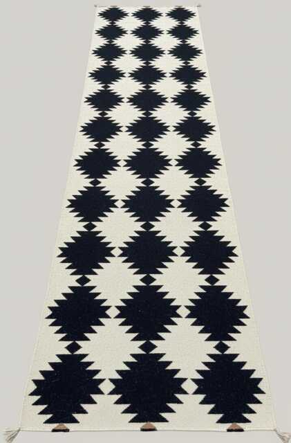 Handmade Black & Beige Wool Kilim Rug Diamond Boho Floor Decor - image 1