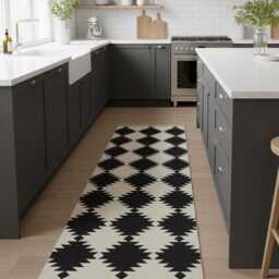Handmade Black & Beige Wool Kilim Rug Diamond Boho Floor Decor - thumbnail 2