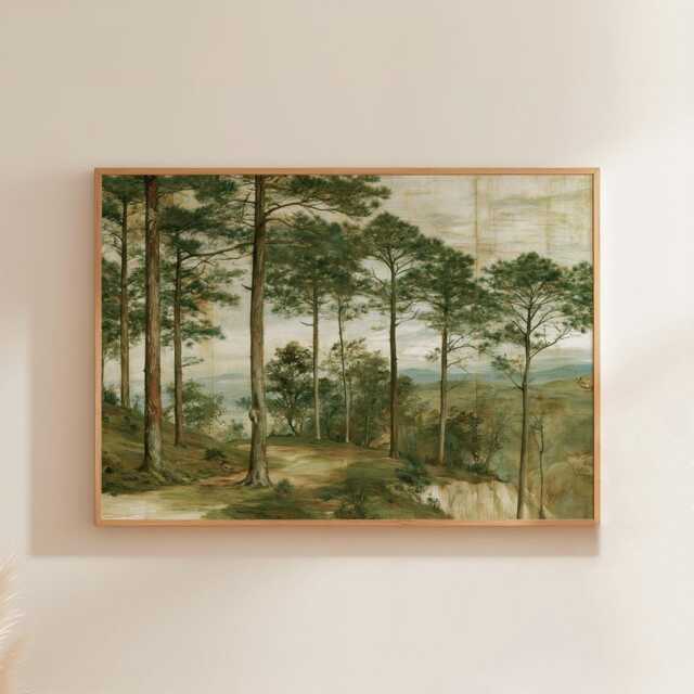 Pine Forest Poster, Woodland Path Print, Nature Wall Art, Paper - image 1