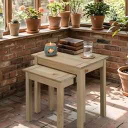 Nest Of Tables Solid Pine Wood Waxed Oak Finish Side Coffee Set - thumbnail 3