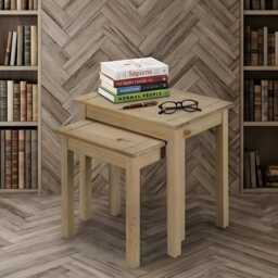 Nest Of Tables Solid Pine Wood Waxed Oak Finish Side Coffee Set - thumbnail 2