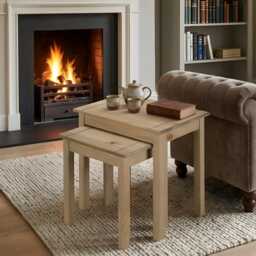 Nest Of Tables Solid Pine Wood Waxed Oak Finish Side Coffee Set