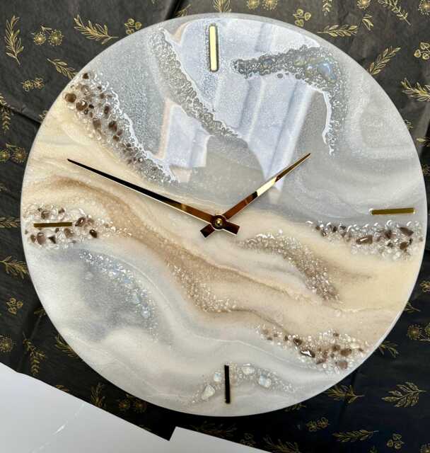 Handmade Epoxy Resin Clock Beige, Grey, & Natural Stones - image 1