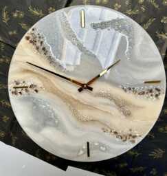 Handmade Epoxy Resin Clock Beige, Grey, & Natural Stones - thumbnail 1