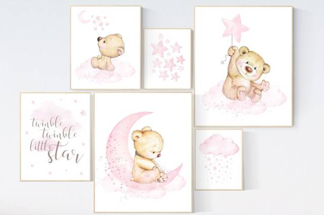 Teddy Bear Nursery Print Pink Baby Room Decor - image 1