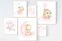 Teddy Bear Nursery Print Pink Baby Room Decor - thumbnail 1