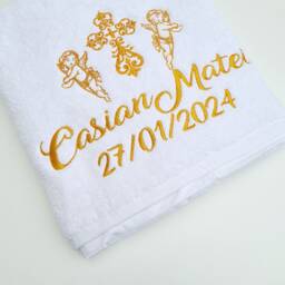 Personalized Christening Towel, Custom Embroidered Cherubs, Cross, Baptism Keepsake, Religious Ceremony Gift, Baby Dedication - thumbnail 2
