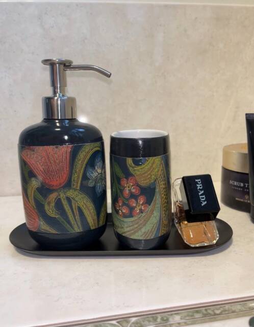 William Morris Golden Lily 3 Piece Set - Bathroom Ceramic Soap Dispenser, Toothbrush Holder & Black Metal Tray - image 1