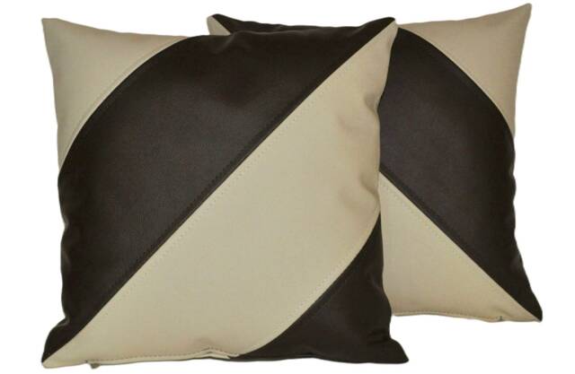 2 Brown & Cream Dual Stripe Faux Leather Cushion Covers 40cm 46cm - image 1