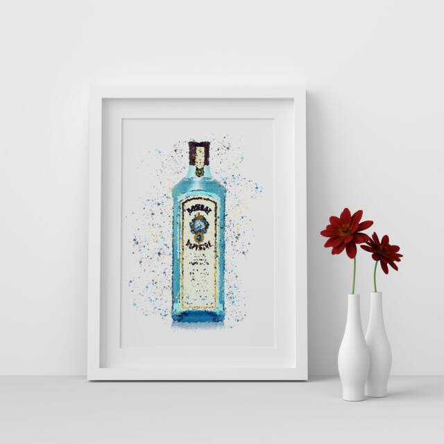 Bombay Sapphire Gin Bottle Watercolour Splash A3, A4, 10x8, 8x6, 5x7 & 4x6 Wall Art Prints - image 1