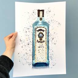 Bombay Sapphire Gin Bottle Watercolour Splash A3, A4, 10x8, 8x6, 5x7 & 4x6 Wall Art Prints - thumbnail 2