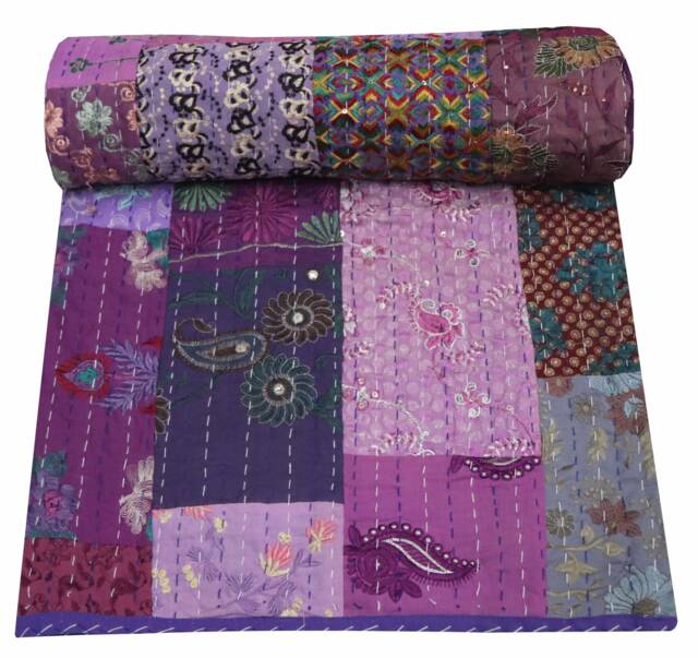 Indian Patchwork Cotton Kantha Quilt Colorful Hand Block Print Blanket Queen Size Bedspread Throw - image 1
