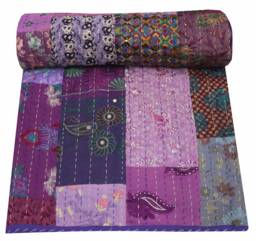 Indian Patchwork Cotton Kantha Quilt Colorful Hand Block Print Blanket Queen Size Bedspread Throw