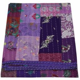 Indian Patchwork Cotton Kantha Quilt Colorful Hand Block Print Blanket Queen Size Bedspread Throw - thumbnail 4