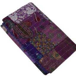 Indian Patchwork Cotton Kantha Quilt Colorful Hand Block Print Blanket Queen Size Bedspread Throw - thumbnail 3