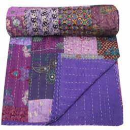 Indian Patchwork Cotton Kantha Quilt Colorful Hand Block Print Blanket Queen Size Bedspread Throw - thumbnail 2