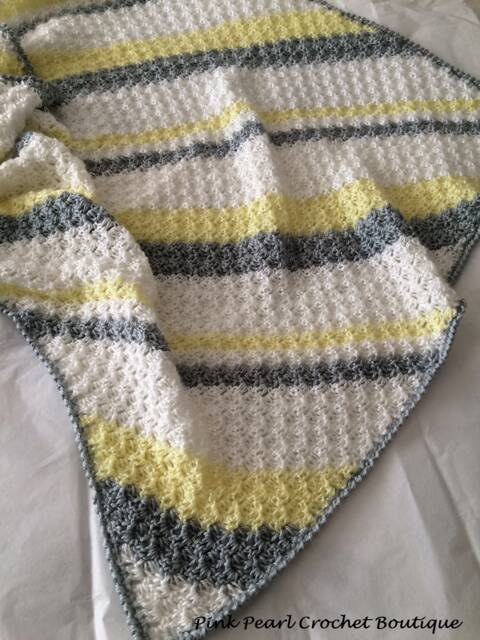 Yellow Baby Blanket - Crochet Striped Grey & White Neutral Boy Girl