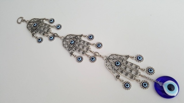 Three Hamsas Wall Hanging - Hand Of Fatima With Turkish Evil Eye Boho Decor, Protection Charm, Housewarming Gift - image 1