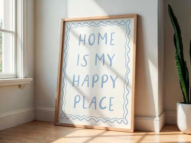 Home Is My Happy Place Wall Art Print Sign - Dusky Blue Bedroom Print, A3 Large Cosy A4 - image 1