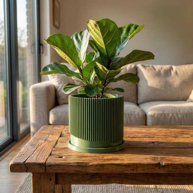 Mid-Century Ribbed Plant Pot With Drainage & Saucer in Multiple Colors, 3D Printed Planter Unique Modern Design, Hosting Gift, Wave - image 1