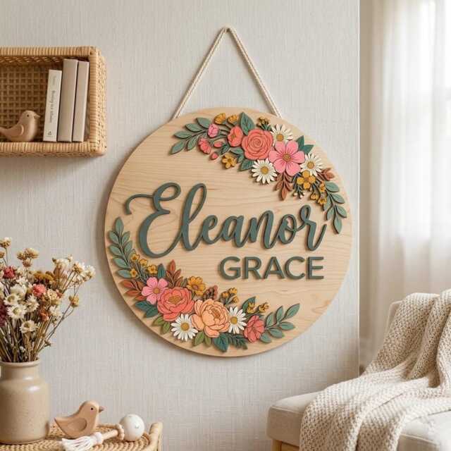 Personalized Wooden Nursery Name Sign, Custom Baby Round 3D Floral Wall Decor, Boho Shower Gift - image 1