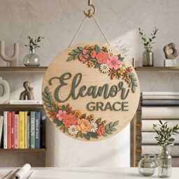 Personalized Wooden Nursery Name Sign, Custom Baby Round 3D Floral Wall Decor, Boho Shower Gift - thumbnail 2
