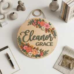 Personalized Wooden Nursery Name Sign, Custom Baby Round 3D Floral Wall Decor, Boho Shower Gift - thumbnail 3
