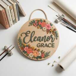 Personalized Wooden Nursery Name Sign, Custom Baby Round 3D Floral Wall Decor, Boho Shower Gift - thumbnail 4