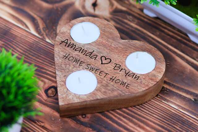 Personalized Wooden Heart Candle Holder Couples New Home Gift - image 1