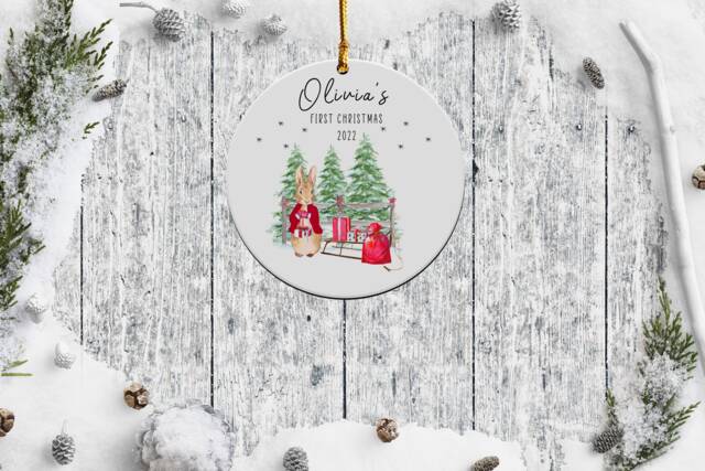 Personalised First Christmas Bauble, Baby's 1st Ornament, New Baby Gift, Rabbit Tree Decoration, Custom Name, Keepsake, Xmas 2024 - image 1