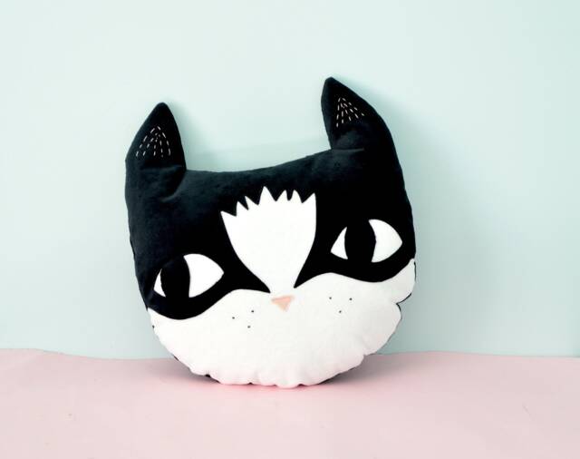 Black & White Velvet Cat Head Cushion - Handmade Cat Decoration - image 1