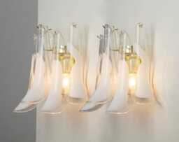 Murano Glass Sconces Set Of 2 - Five White Petali Mid-Century Italian Wall Lights - thumbnail 1