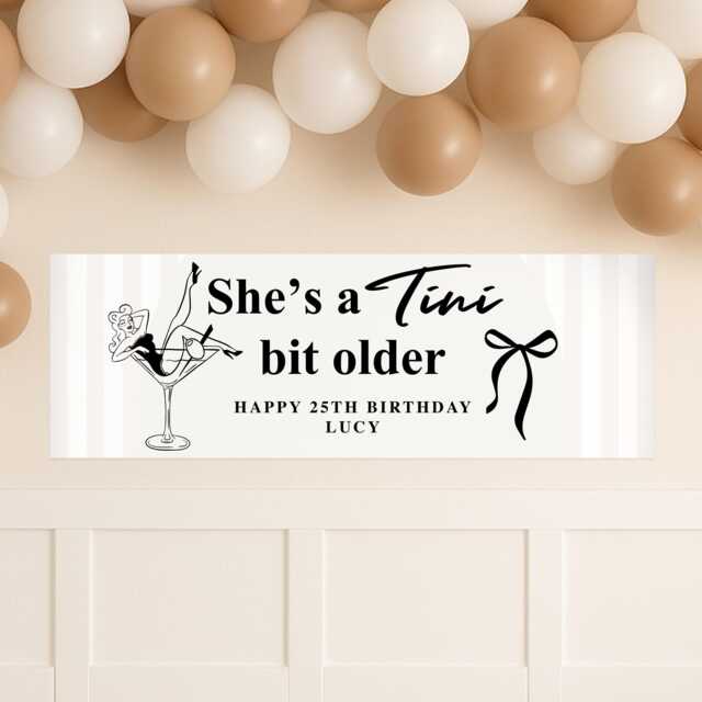 Personalised Birthday Banner - Tini Bit Older Decor Martini Glass Lady Black & White Custom Cocktail Party Decoration For Her - image 1