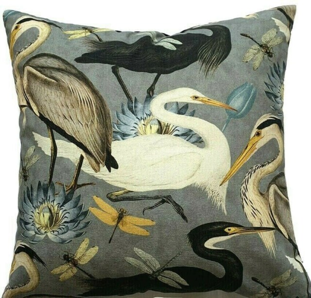 Herons Cushion Cover Grey Cotton Fabric With Botanical Print, UK Made - image 1