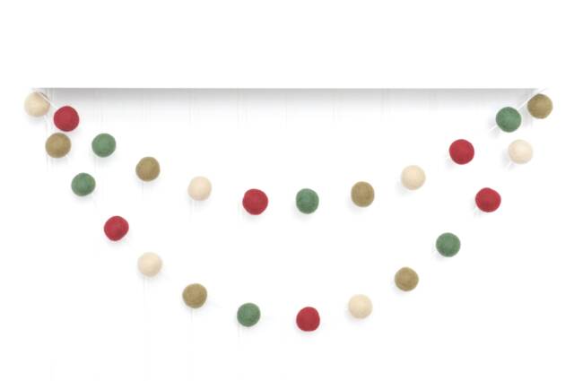 Rustic Christmas Decoration - Farmhouse Holiday Wall Hanging Wool Felt Ball Garland Burgundy, Forest, Cream - image 1